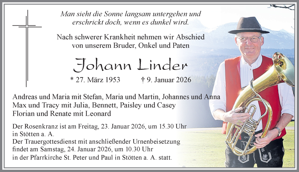  Traueranzeige für Johann Linder vom 20.01.2026 aus Allgäuer Zeitung, Marktoberdorf