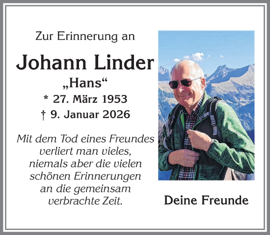 Traueranzeige von Johann Linder von Allgäuer Zeitung, Marktoberdorf