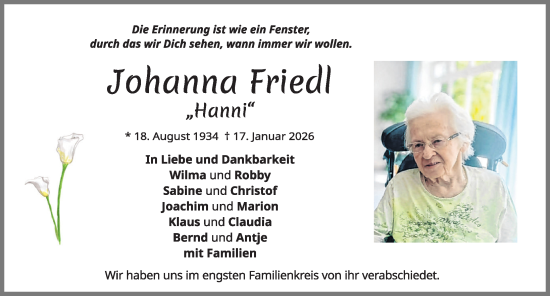 Traueranzeige von Johanna Friedl von Allgäuer Zeitung, Füssen