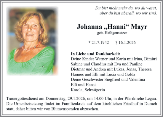 Traueranzeige von Johanna Mayr von Memminger Zeitung