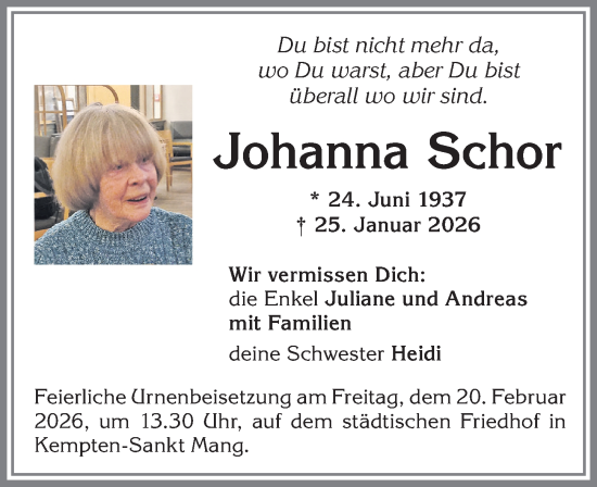 Traueranzeige von Johanna Schor von Allgäuer Zeitung,Kempten