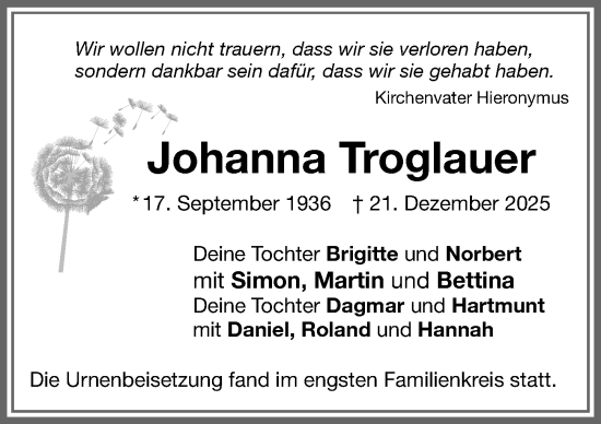 Traueranzeige von Johanna Troglauer von Memminger Zeitung