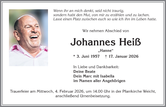Traueranzeige von Johannes Heiß von Mindelheimer Zeitung, Augsburger Allgemeine