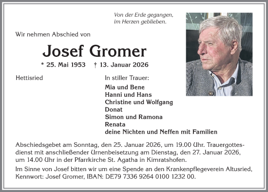 Traueranzeige von Josef Gromer von Allgäuer Zeitung,Kempten
