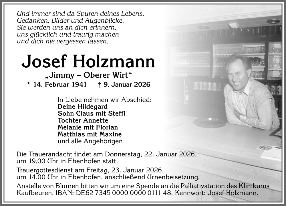  Traueranzeige für Josef Holzmann vom 17.01.2026 aus Allgäuer Zeitung, Marktoberdorf