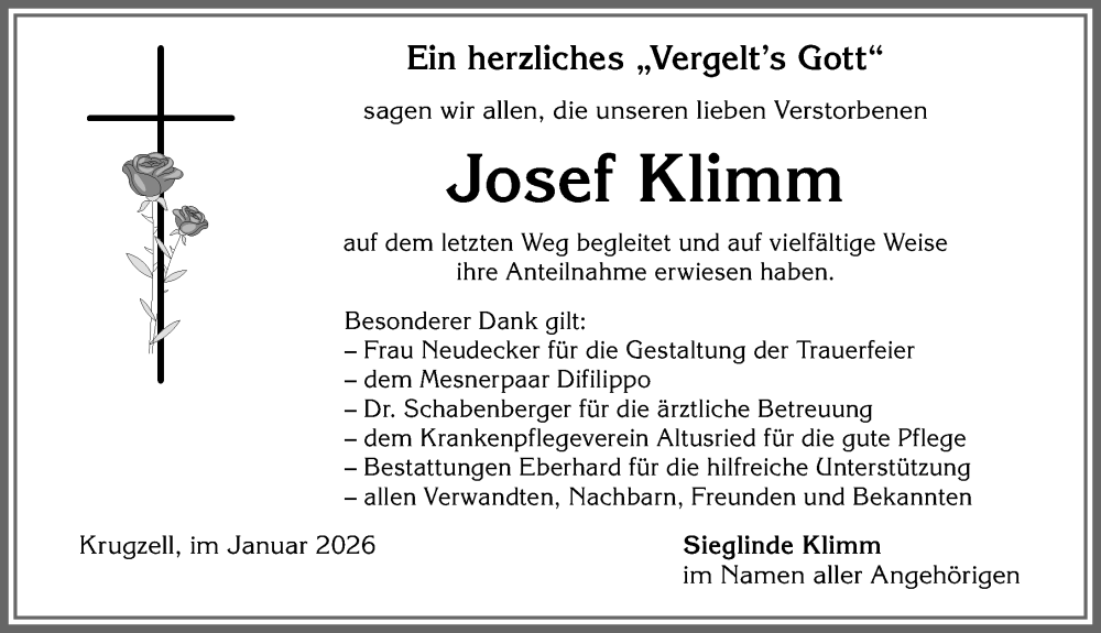  Traueranzeige für Josef Klimm vom 17.01.2026 aus Allgäuer Zeitung,Kempten