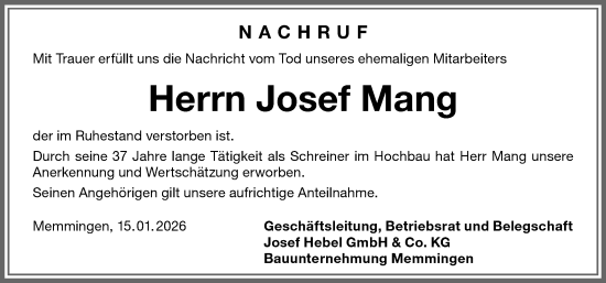 Traueranzeige von Josef Mang von Memminger Zeitung