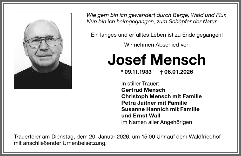  Traueranzeige für Josef Mensch vom 16.01.2026 aus Memminger Zeitung