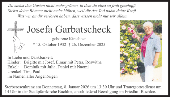 Traueranzeige von Josefa Garbatscheck von Allgäuer Zeitung, Kaufbeuren/Buchloe