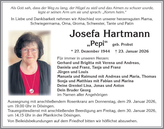 Traueranzeige von Josefa Hartmann von Allgäuer Zeitung, Kaufbeuren/Buchloe