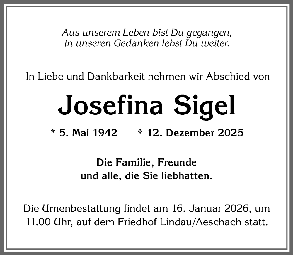  Traueranzeige für Josefina Sigel vom 13.01.2026 aus Der Westallgäuer
