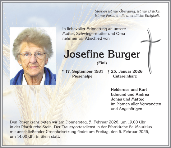 Traueranzeige von Josefine Burger von Allgäuer Anzeigeblatt