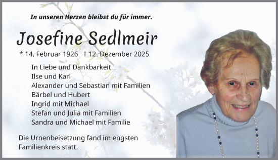 Traueranzeige von Josefine Sedlmeir von Allgäuer Zeitung, Füssen