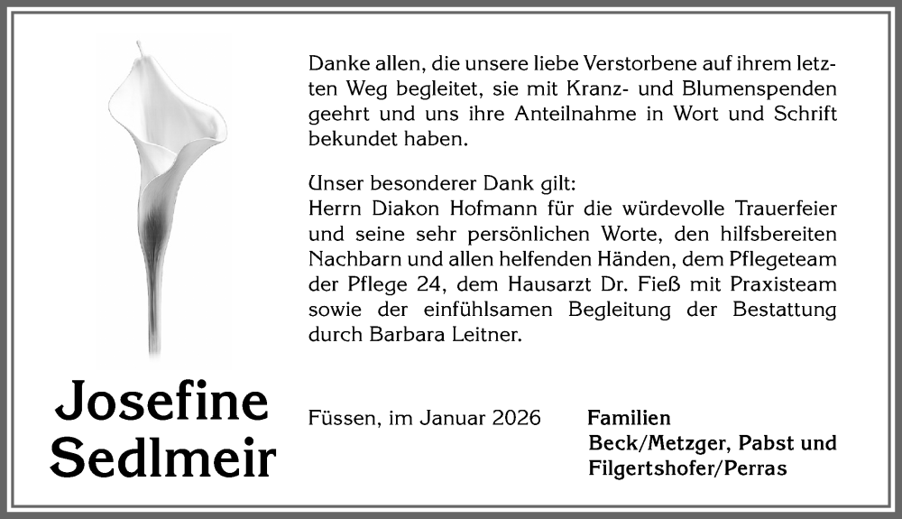  Traueranzeige für Josefine Sedlmeir vom 24.01.2026 aus Allgäuer Zeitung, Füssen