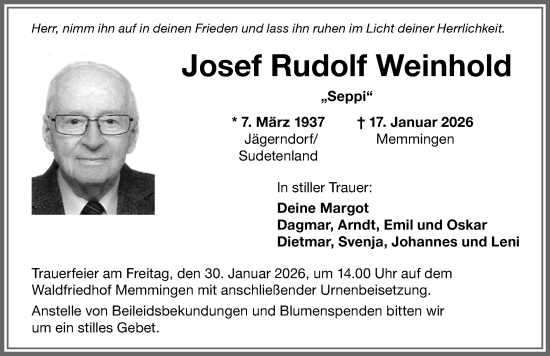 Traueranzeige von Josef Rudolf Weinhold von Memminger Zeitung