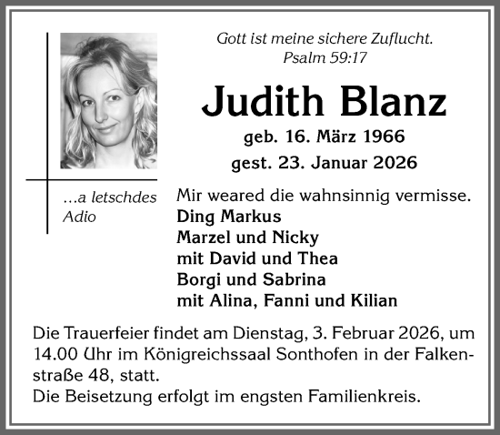 Traueranzeige von Judith Blanz von Allgäuer Anzeigeblatt