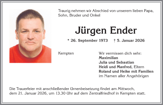 Traueranzeige von Jürgen Ender von Allgäuer Zeitung,Kempten