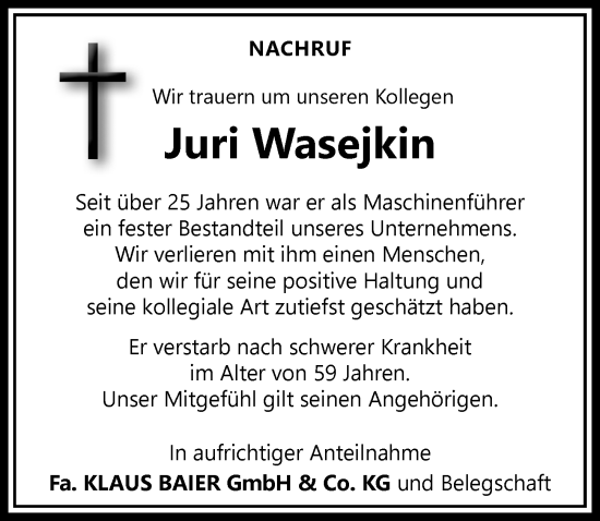 Traueranzeige von Juri Wasejkin von Allgäuer Zeitung, Füssen