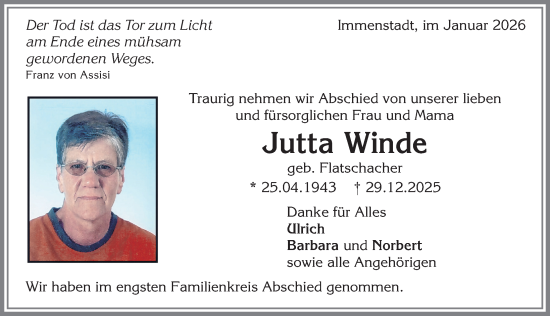 Traueranzeige von Jutta Winde von Allgäuer Anzeigeblatt