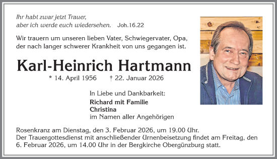 Traueranzeige von Karl-Heinrich Hartmann von Allgäuer Zeitung, Marktoberdorf