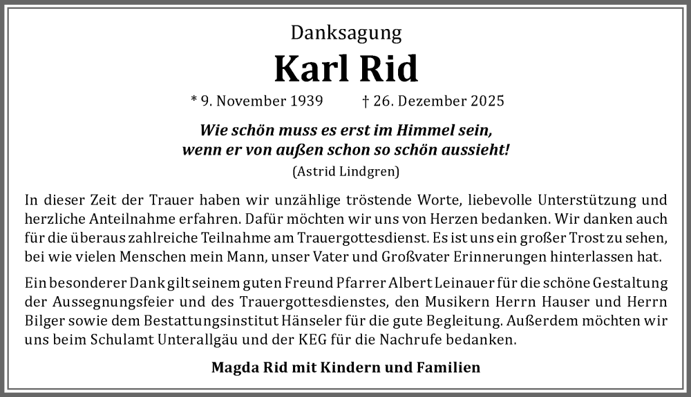  Traueranzeige für Karl Rid vom 17.01.2026 aus Memminger Zeitung