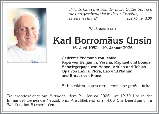 Traueranzeige von Karl Borromäus Unsin von Allgäuer Zeitung, Kaufbeuren/Buchloe