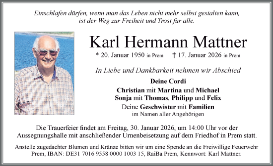 Traueranzeige von Karl Hermann Mattner von Allgäuer Zeitung, Füssen