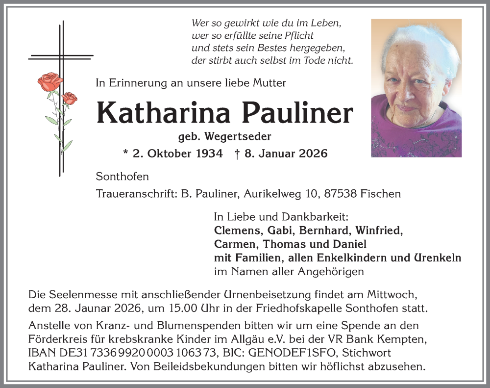  Traueranzeige für Katharina Pauliner vom 24.01.2026 aus Allgäuer Anzeigeblatt