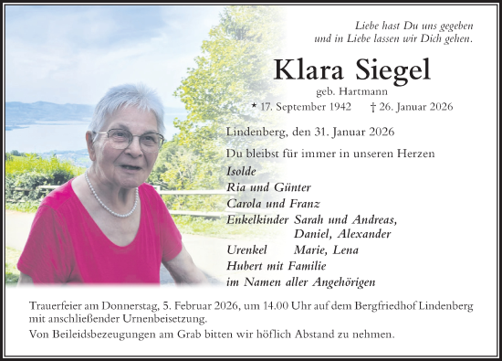 Traueranzeige von Klara Siegel von Der Westallgäuer