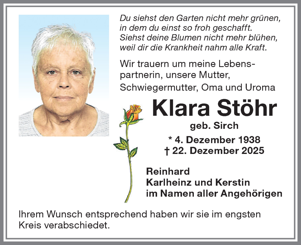  Traueranzeige für Klara Stöhr vom 10.01.2026 aus Memminger Zeitung