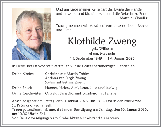 Traueranzeige von Klothilde Zweng von Memminger Zeitung