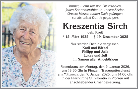 Traueranzeige von Kreszentia Sirch von Allgäuer Zeitung, Kaufbeuren/Buchloe