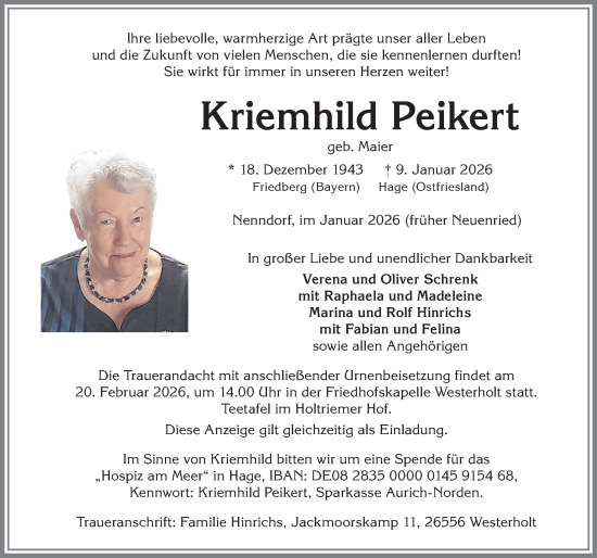 Traueranzeige von Kriemhild Peikert von Allgäuer Zeitung, Marktoberdorf