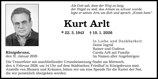 Traueranzeige von Kurt Arlt von Augsburger Allgemeine