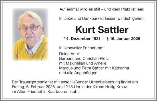 Traueranzeige von Kurt Sattler von Allgäuer Zeitung, Kaufbeuren/Buchloe