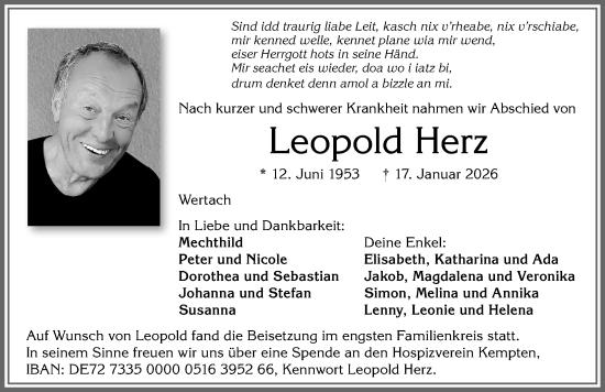 Traueranzeige von Leopold Herz von Allgäuer Zeitung, Gesamtausgabe
