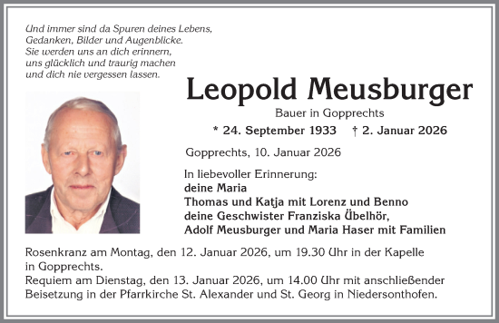 Traueranzeige von Leopold Meusburger von Allgäuer Zeitung,Kempten
