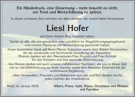 Traueranzeige von Liesl Hofer von Allgäuer Zeitung, Marktoberdorf