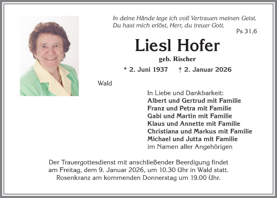 Traueranzeige von Liesl Hofer von Allgäuer Zeitung, Marktoberdorf