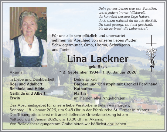 Traueranzeige von Lina Lackner von Allgäuer Anzeigeblatt