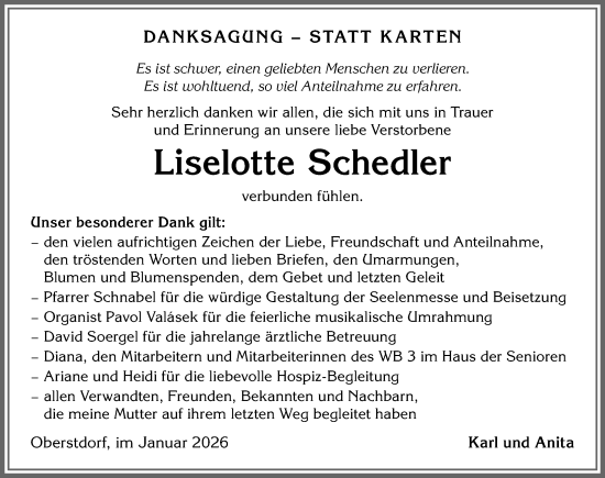 Traueranzeige von Liselotte Schedler von Allgäuer Anzeigeblatt