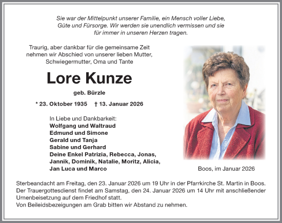 Traueranzeige von Lore Kunze von Memminger Zeitung
