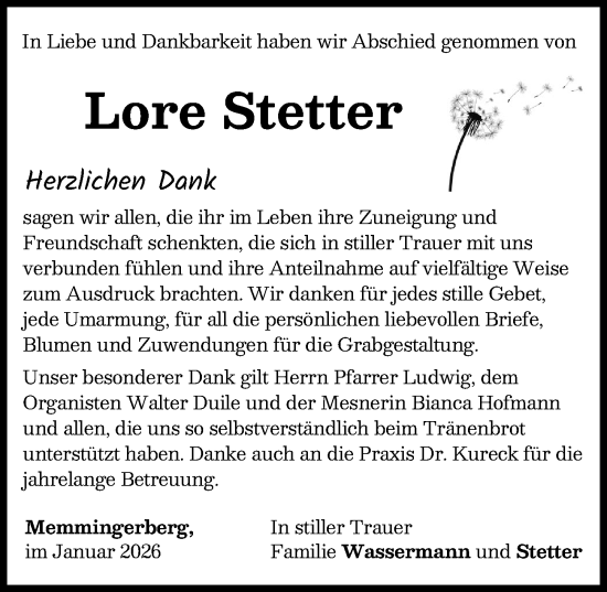 Traueranzeige von Lore Stetter von Memminger Zeitung