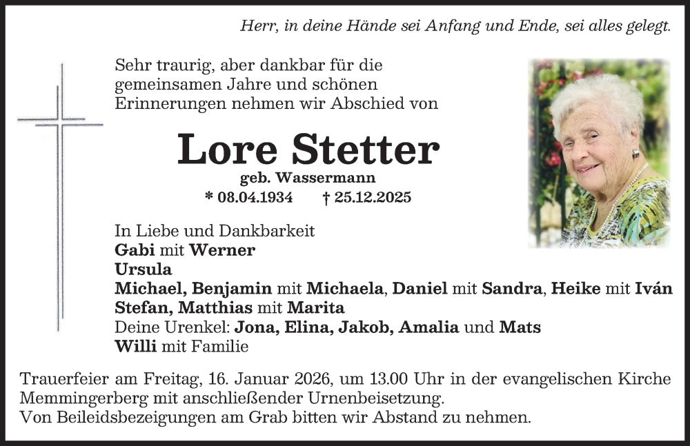  Traueranzeige für Lore Stetter vom 10.01.2026 aus Memminger Zeitung