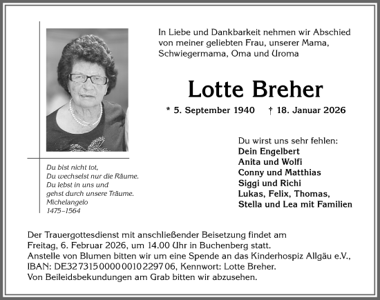 Traueranzeige von Lotte Breher von Allgäuer Zeitung,Kempten