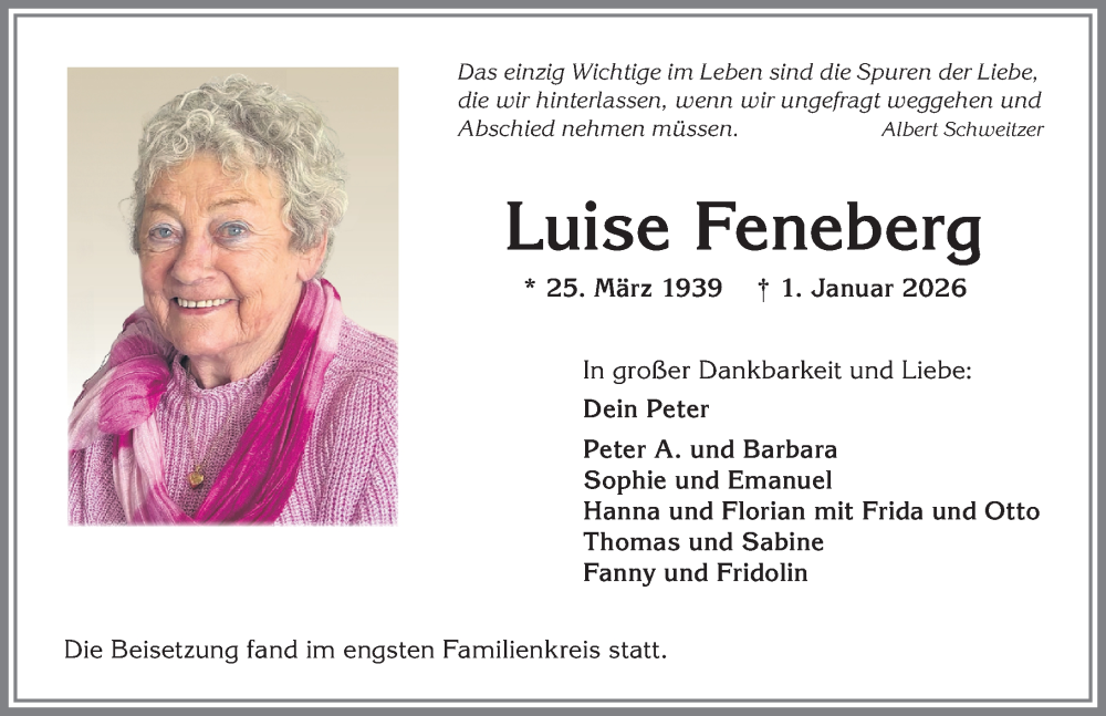  Traueranzeige für Luise Feneberg vom 13.01.2026 aus Allgäuer Zeitung,Kempten