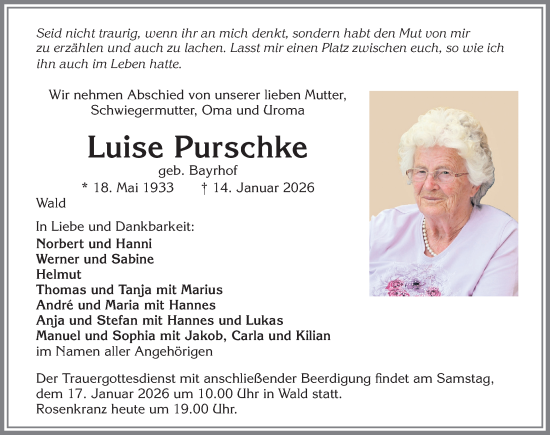 Traueranzeige von Luise Purschke von Allgäuer Zeitung, Marktoberdorf