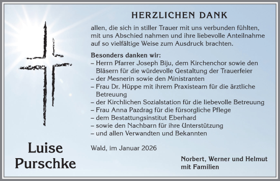 Traueranzeige von Luise Purschke von Allgäuer Zeitung, Marktoberdorf