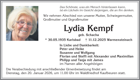 Traueranzeige von Lydia Kempf von Allgäuer Zeitung, Kaufbeuren/Buchloe