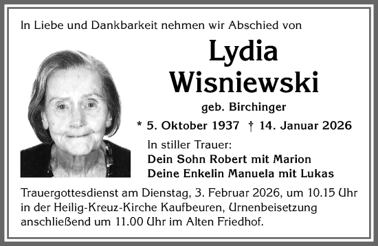 Traueranzeige von Lydia Wisniewski von Allgäuer Zeitung, Kaufbeuren/Buchloe
